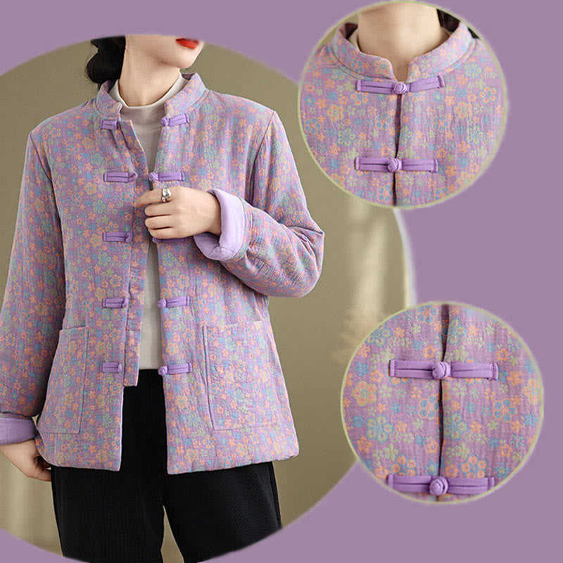 Buddha Stones Women's Winter Thicken Cotton Floral Pattern Long Sleeve Jacket With Pockets - image 24