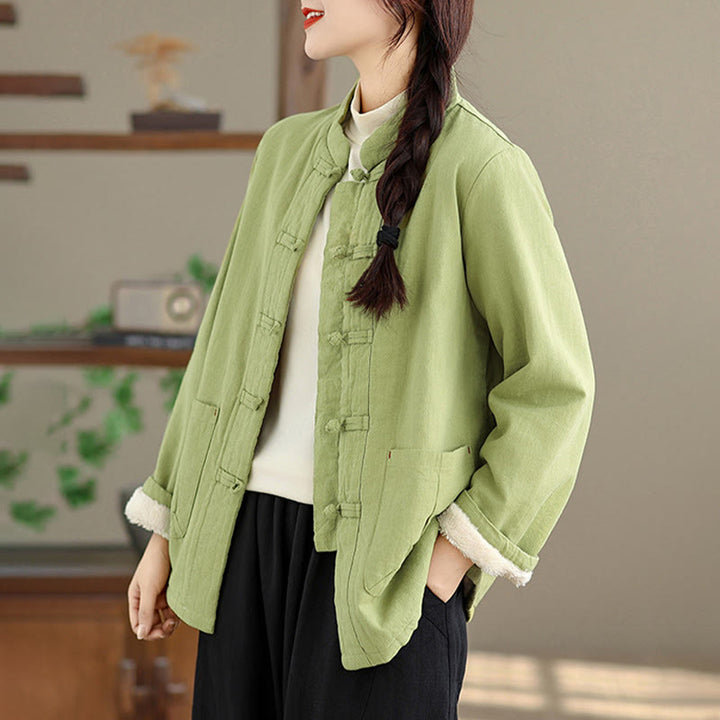 Buddha Stones Women's Plain Cotton-padded Buttons Design Long Sleeve Thermal Jacket With Pockets - image 17