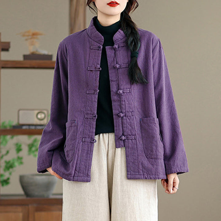 Buddha Stones Women's Plain Cotton-padded Buttons Design Long Sleeve Thermal Jacket With Pockets - image 10