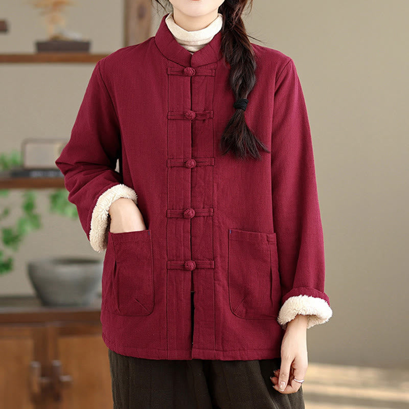 Buddha Stones Women's Plain Cotton-padded Buttons Design Long Sleeve Thermal Jacket With Pockets - image 5