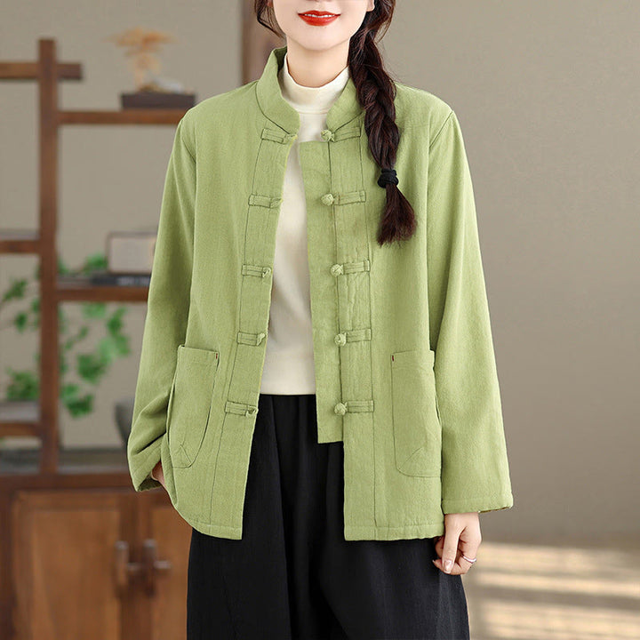 Buddha Stones Women's Plain Cotton-padded Buttons Design Long Sleeve Thermal Jacket With Pockets - image 16