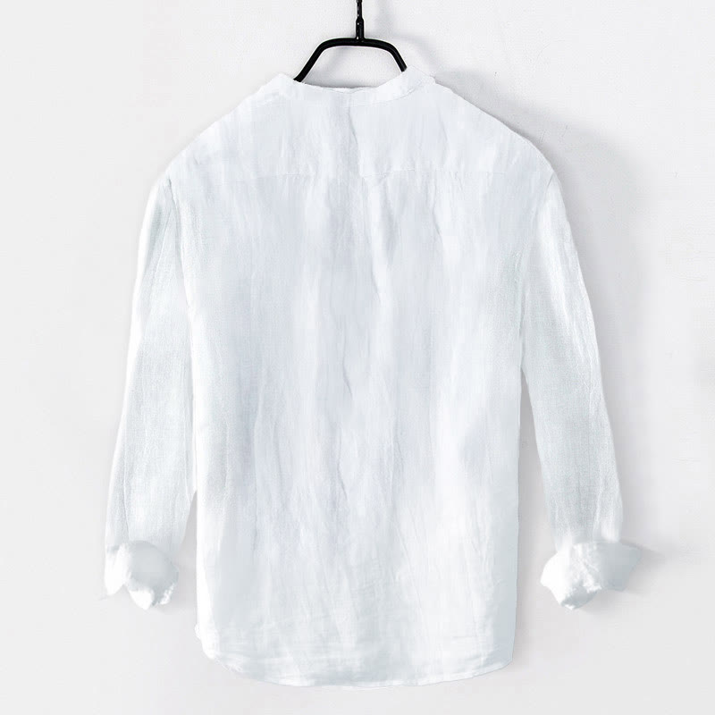 Buddha Stones Plum Blossoms Folding Fan Pattern Half Buttons Men's Cotton Linen Long Sleeve Shirt - image 7