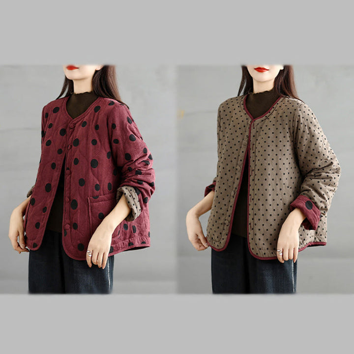 Buddha Stones Women's Reversible Design Dot Pattern Long Sleeve Thermal Cotton Jacket With Pockets - image 17