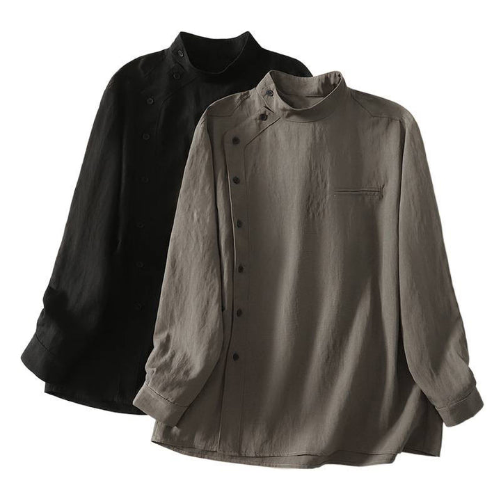 Buddha Stones Fall Stand Collar Chinese Frog-Button Simple Design Long Sleeve Women's Cotton Shirt - image 17