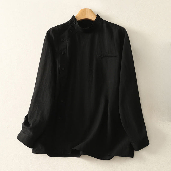 Buddha Stones Fall Stand Collar Chinese Frog-Button Simple Design Long Sleeve Women's Cotton Shirt - Black - US8-10，UK/AU12-14，EU40-42 (2XL) - image 11