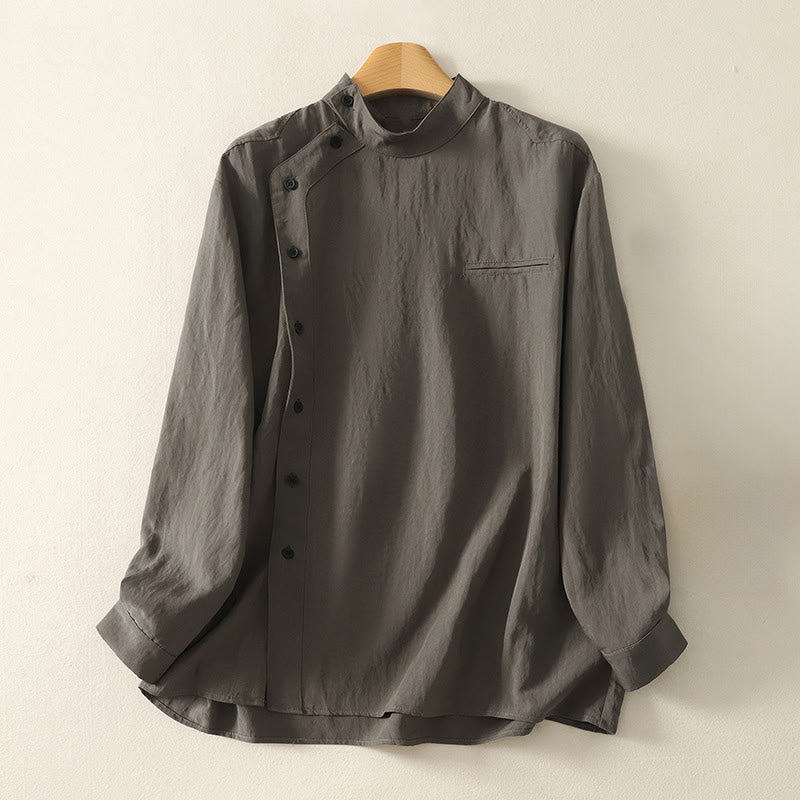 Buddha Stones Fall Stand Collar Chinese Frog-Button Simple Design Long Sleeve Women's Cotton Shirt - DimGray - US8-10，UK/AU12-14，EU40-42 (2XL) - image 0