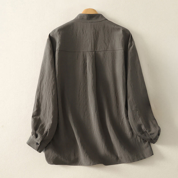 Buddha Stones Fall Stand Collar Chinese Frog-Button Simple Design Long Sleeve Women's Cotton Shirt - image 1