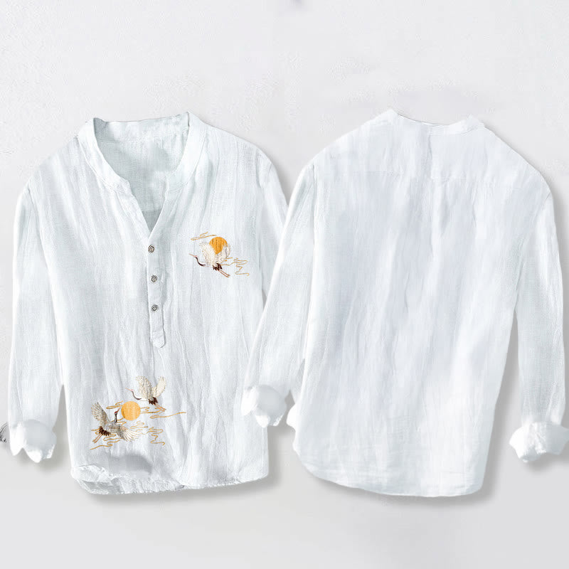Buddha Stones Golden Sun Crane Pattern Half Buttons Men's Cotton Linen Long Sleeve Shirt - image 5