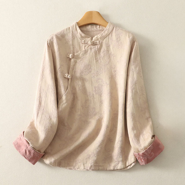 Buddha Stones Spring Plain Jacquard Design Women's Cotton Zen Long Sleeve Shirt - BlanchedAlmond - US8-10，UK/AU12-14，EU40-42 (2XL) - image 5