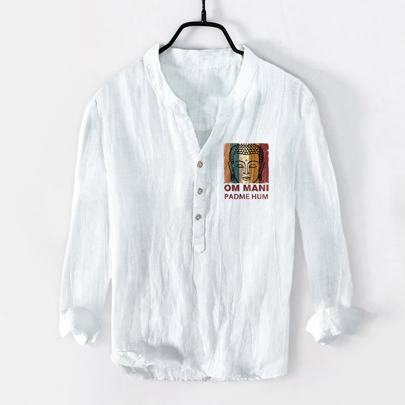 Buddha Stones OM MANI PADME HUM Buddha Pattern Half Buttons Men's Cotton Linen Long Sleeve Shirt - White - US/UK/AU50，EU60 (5XL) - image 6