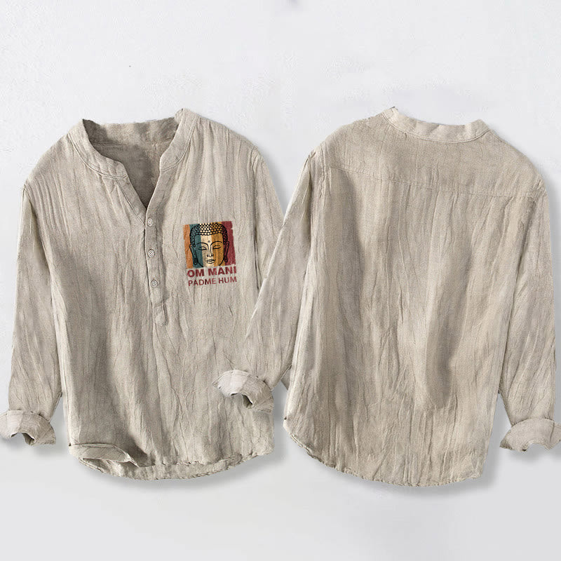 Buddha Stones OM MANI PADME HUM Buddha Pattern Half Buttons Men's Cotton Linen Long Sleeve Shirt - image 2