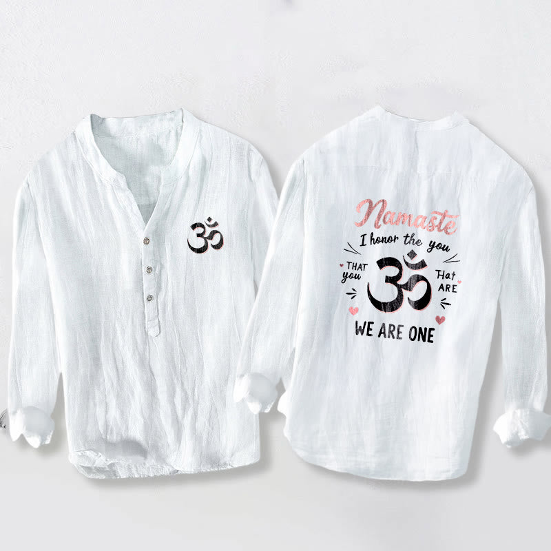 Buddha Stones "Namaste I Honor the You" Om Pattern Half Buttons Men's Cotton Linen Long Sleeve Shirt - White - US/UK/AU50，EU60 (5XL) - image 0