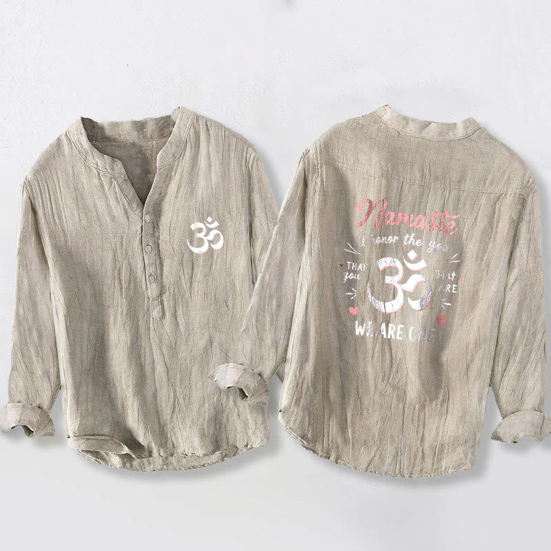 Buddha Stones "Namaste I Honor the You" Om Pattern Half Buttons Men's Cotton Linen Long Sleeve Shirt - Linen - US/UK/AU50，EU60 (5XL) - image 3