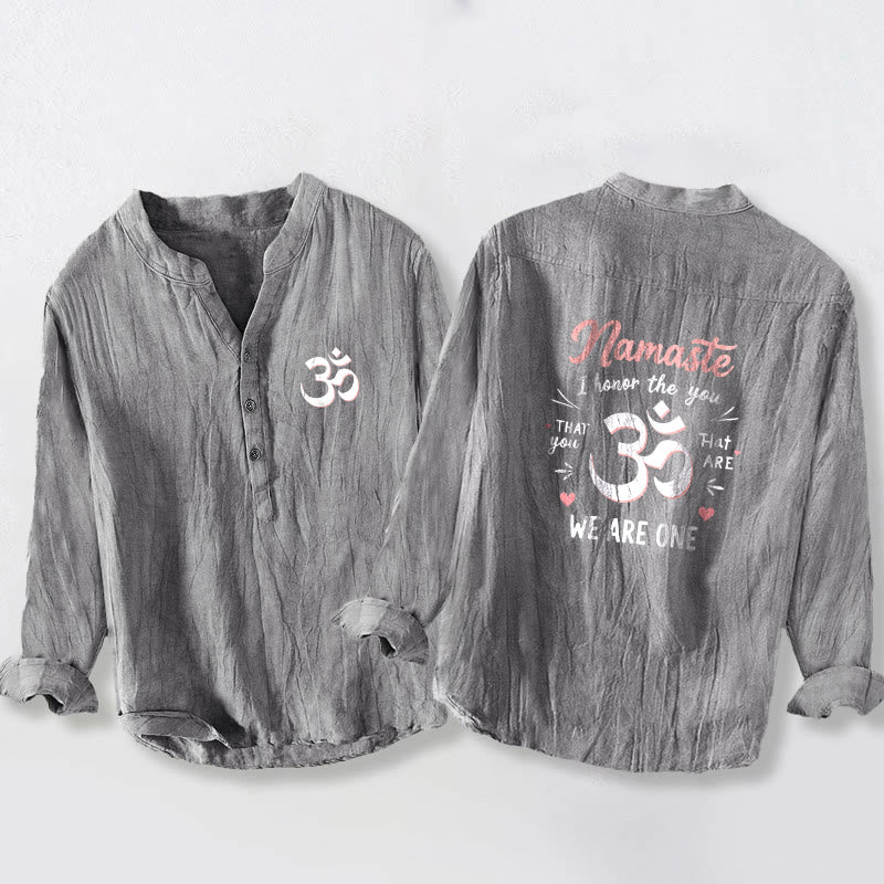 Buddha Stones "Namaste I Honor the You" Om Pattern Half Buttons Men's Cotton Linen Long Sleeve Shirt - Gray - US/UK/AU50，EU60 (5XL) - image 6