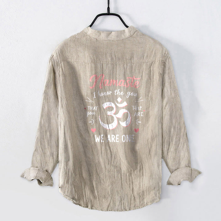 Buddha Stones "Namaste I Honor the You" Om Pattern Half Buttons Men's Cotton Linen Long Sleeve Shirt - image 5