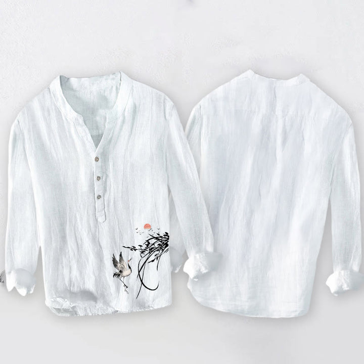 Buddha Stones Rising Sun Crane Branches Pattern Half Buttons Men's Cotton Linen Long Sleeve Shirt - image 8