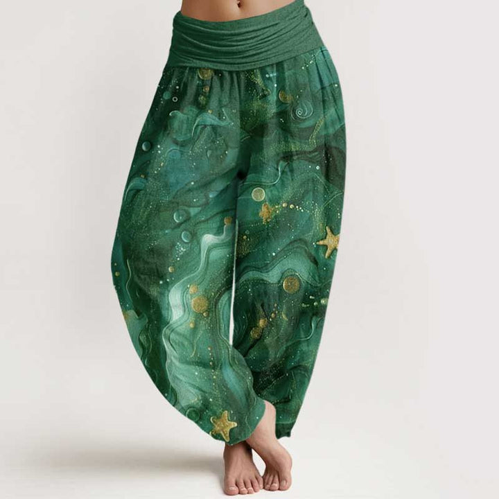 Buddha Stones Cotton Oceanic Golde Star Pattern Women's Elastic Waist Harem Pants - DarkGreen - US22，UK/AU26，EU54 (6XL) - image 7