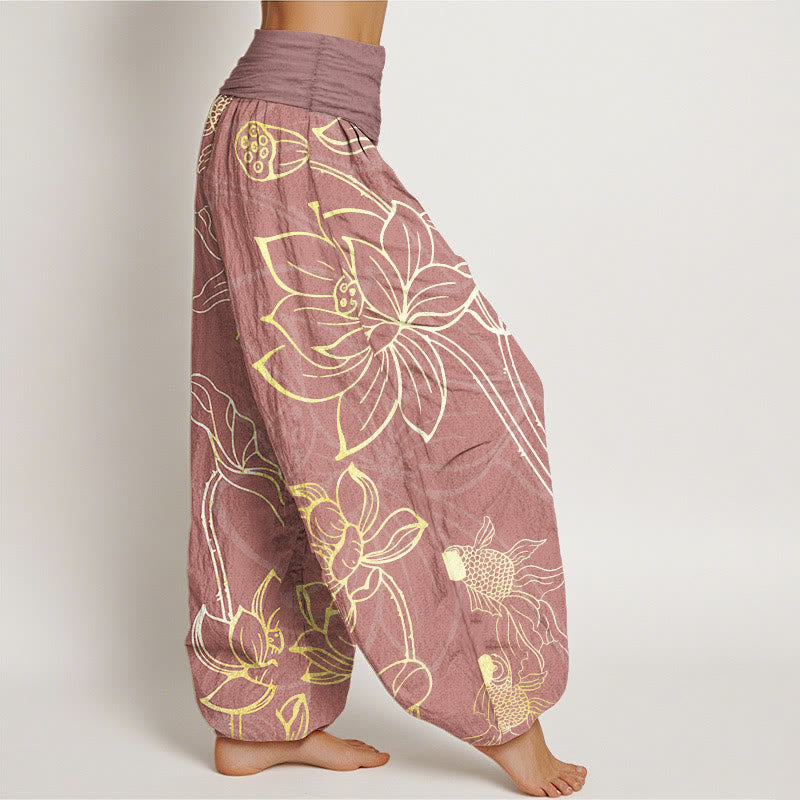 Buddha Stones Pure Cotton Lotus Leaf Koi Fish Women's Elastic Waist Harem Pants - image 16