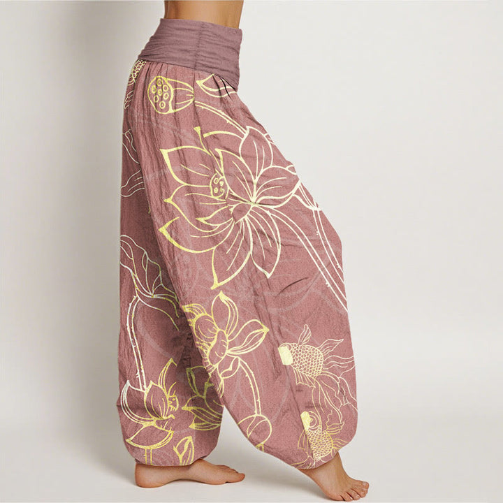 Buddha Stones Pure Cotton Lotus Leaf Koi Fish Women's Elastic Waist Harem Pants - image 11