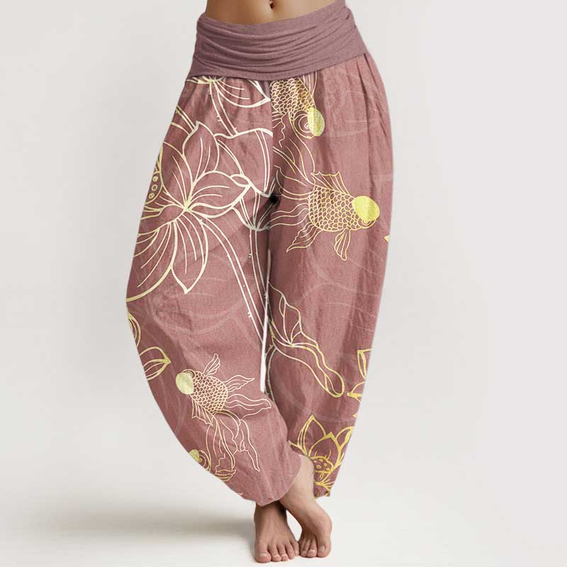 Buddha Stones Pure Cotton Lotus Leaf Koi Fish Women's Elastic Waist Harem Pants - PaleVioletRed - US22，UK/AU26，EU54 (6XL) - image 6