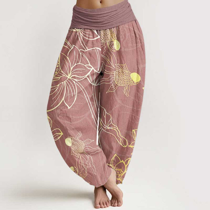 Buddha Stones Pure Cotton Lotus Leaf Koi Fish Women's Elastic Waist Harem Pants - PaleVioletRed - US22，UK/AU26，EU54 (6XL) - image 6