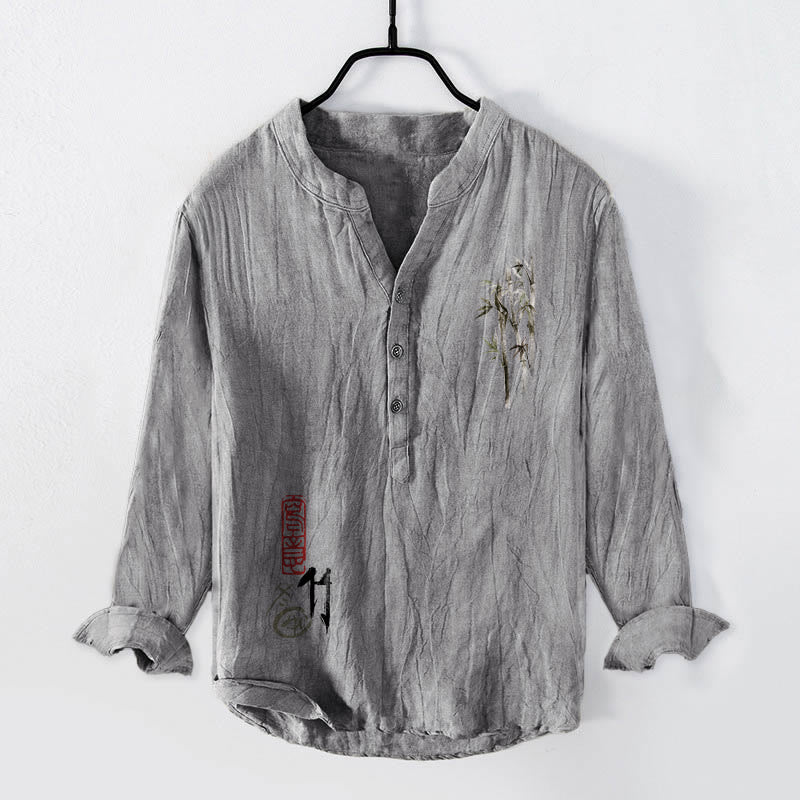 Buddha Stones Red Seal Bamboo Leaves Pattern Half Buttons Men's Cotton Linen Long Sleeve Shirt - Gray - US/UK/AU50，EU60 (5XL) - image 3