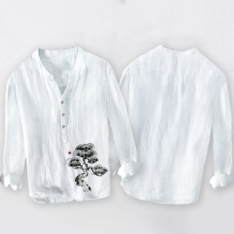 Buddha Stones Pine Tree Pattern Half Buttons Men's Cotton Linen Long Sleeve Shirt - image 8