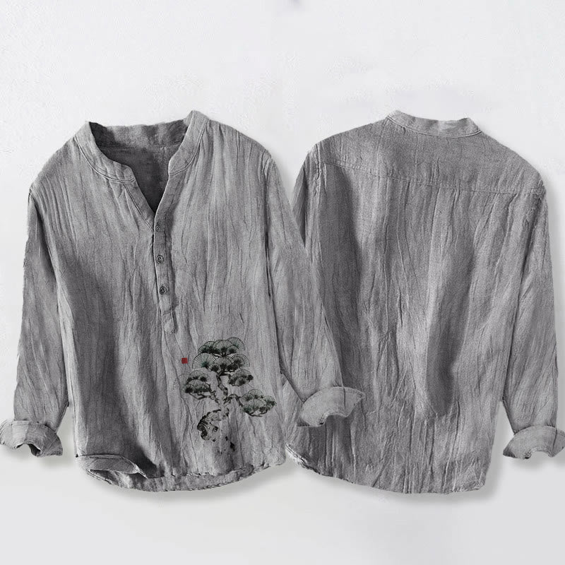 Buddha Stones Pine Tree Pattern Half Buttons Men's Cotton Linen Long Sleeve Shirt - image 5