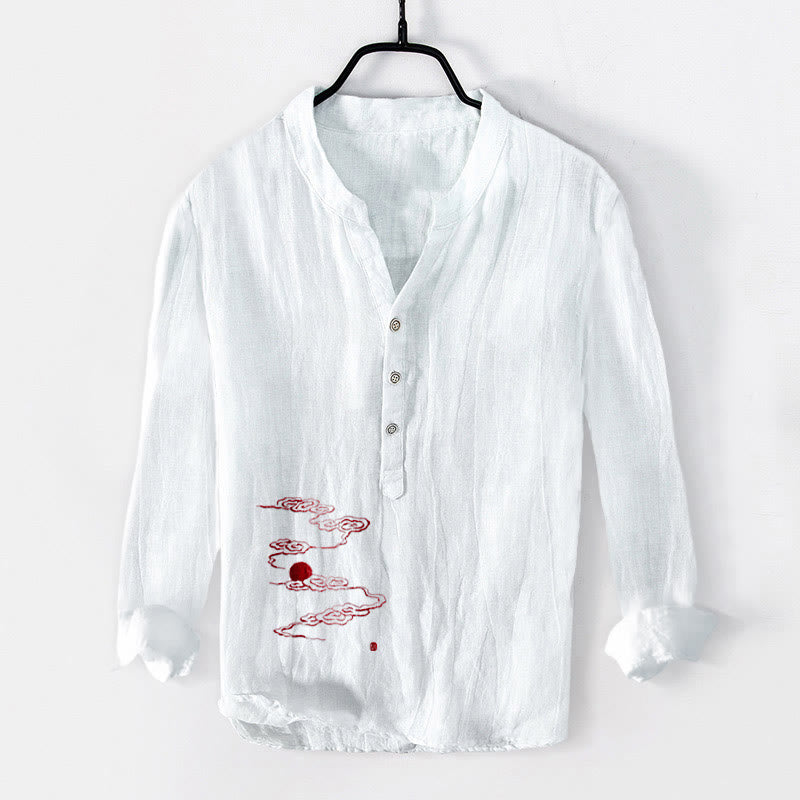 Buddha Stones Auspicious Clouds Red Sun Pattern Half Buttons Men's Cotton Linen Long Sleeve Shirt - White - US/UK/AU50，EU60 (5XL) - image 3