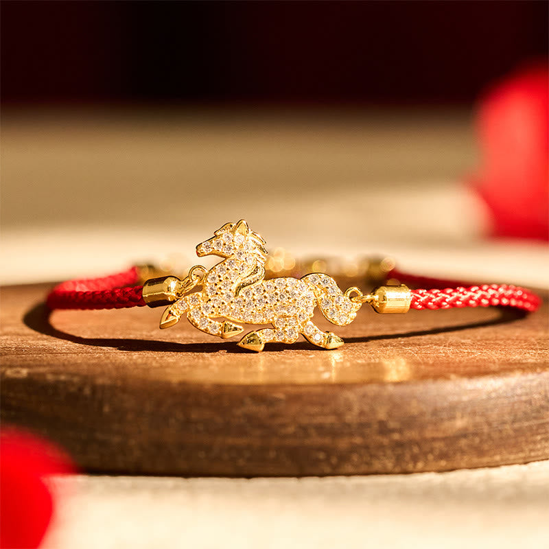 Buddha Stones 925 Sterling Silver Plated 18k Gold Red String Year Of The Horse Strength Bracelet - image 1