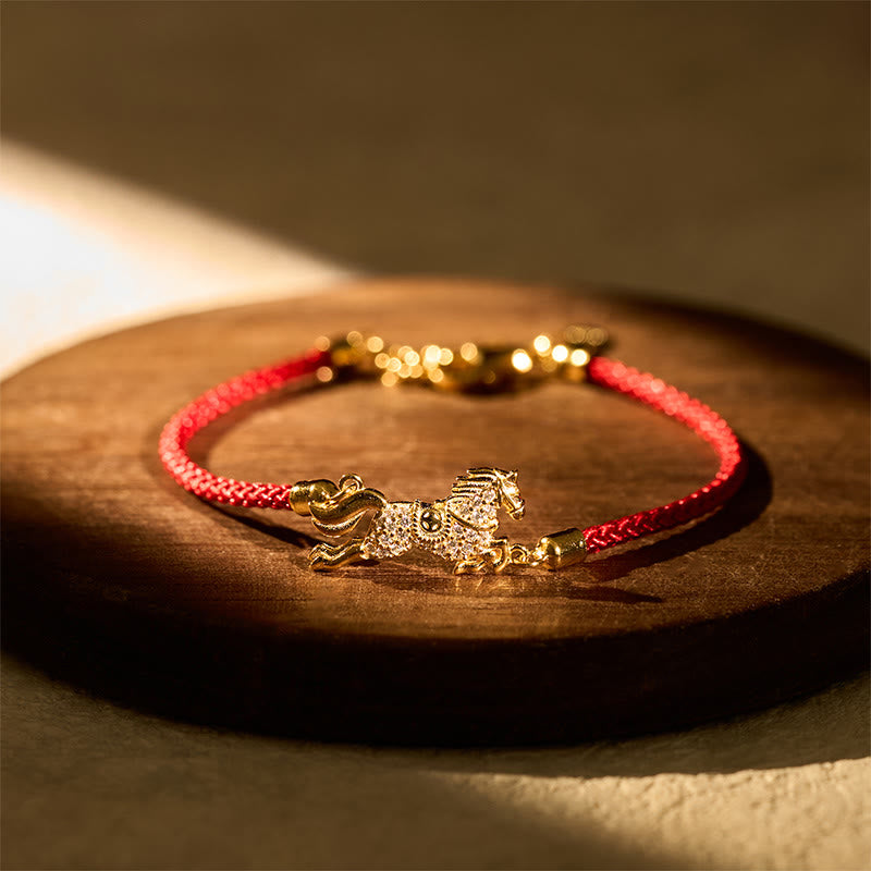 Buddha Stones Chinese Zodiac Year Of The Horse 925 Sterling Silver Golden Red String Luck Bracelet - image 1