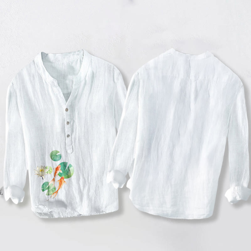 Buddha Stones Koi Fish Lotus Leaves Pattern Half Buttons Men's Cotton Linen Long Sleeve Shirt - image 2