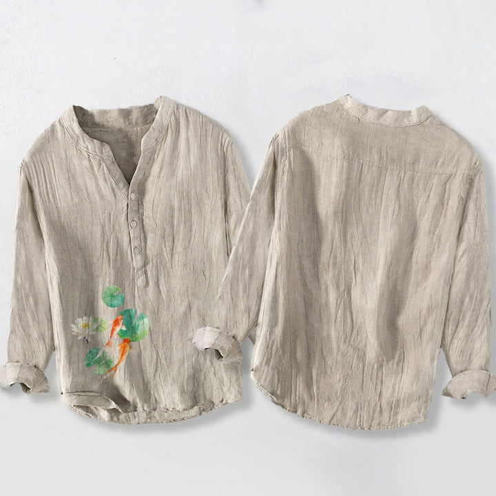 Buddha Stones Koi Fish Lotus Leaves Pattern Half Buttons Men's Cotton Linen Long Sleeve Shirt - image 5
