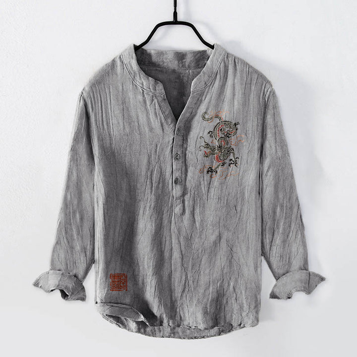 Buddha Stones Dragon Chinese Seal Pattern Half Buttons Men's Cotton Linen Long Sleeve Shirt - Gray - US/UK/AU50，EU60 (5XL) - image 3