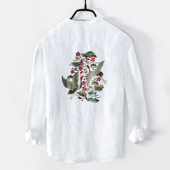 Buddha Stones Crane Pine Tree Flowers Pattern Half Buttons Men's Cotton Linen Long Sleeve Shirt - image 2