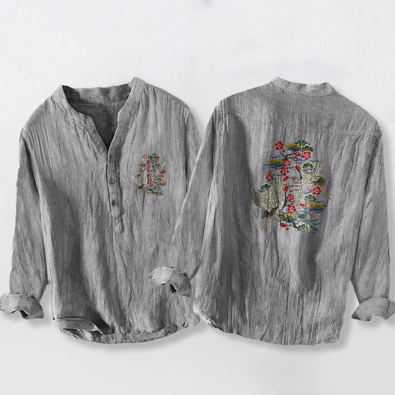 Buddha Stones Crane Pine Tree Flowers Pattern Half Buttons Men's Cotton Linen Long Sleeve Shirt - Gray - US/UK/AU50，EU60 (5XL) - image 6