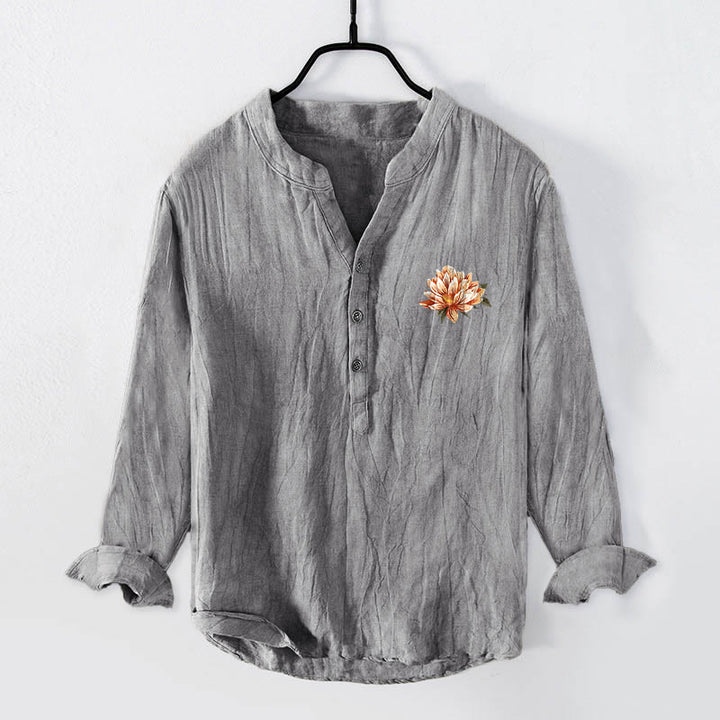 Buddha Stones Koi Fish Lotus Waves Pattern Half Buttons Men's Cotton Linen Long Sleeve Shirt - image 7