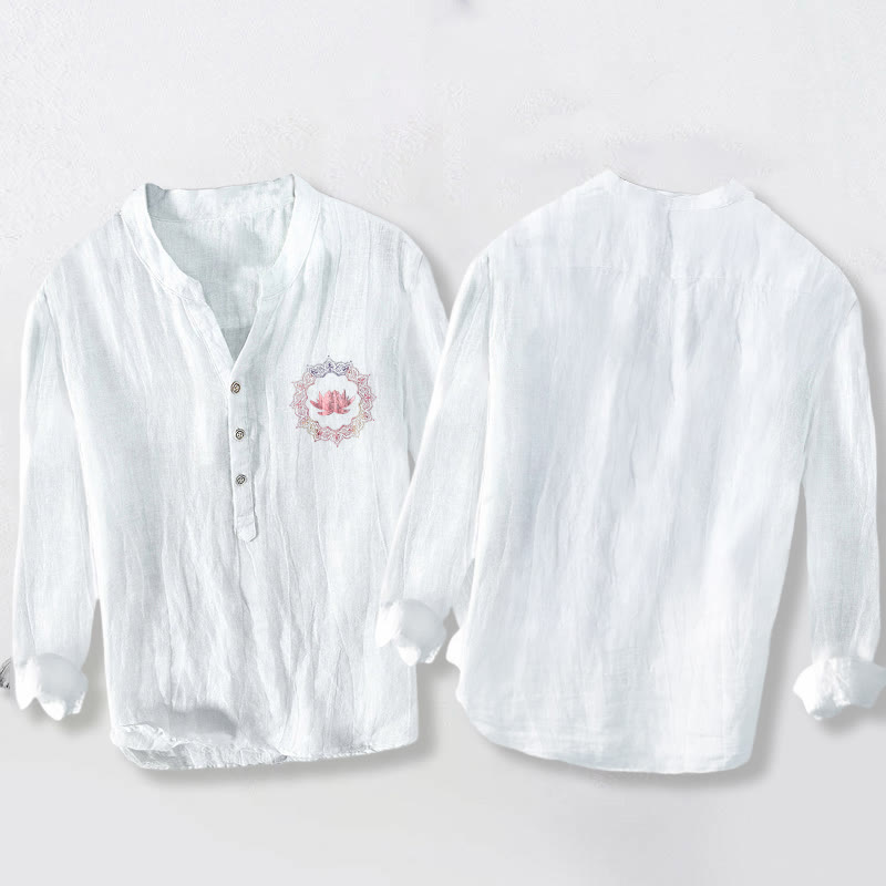 Buddha Stones Lotus Mandala Pattern Half Buttons Men's Cotton Linen Long Sleeve Shirt - image 2
