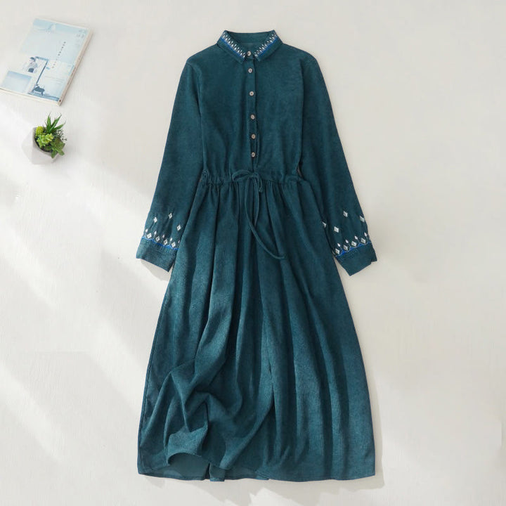 Buddha Stones Embroiderd Floral Pattern Lace-up Design Long Sleeve Midi Dress With Pockets - Teal - US8-10，UK/AU12-14，EU40-42 (2XL) - image 15