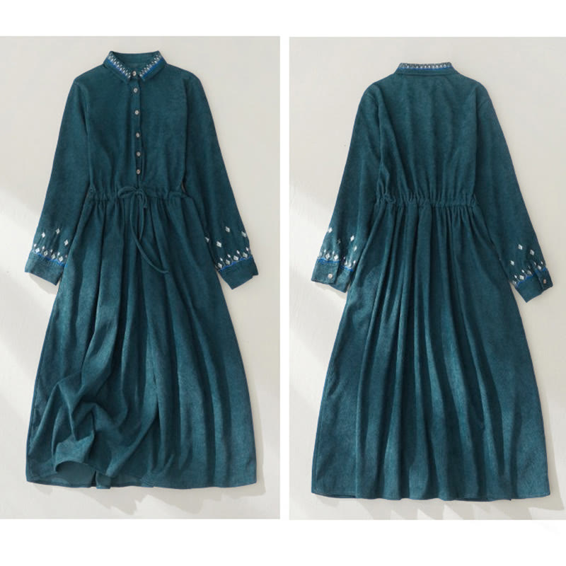 Buddha Stones Embroiderd Floral Pattern Lace-up Design Long Sleeve Midi Dress With Pockets - image 17