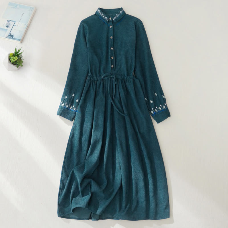 Buddha Stones Embroidered Floral Pattern Lace-up Design Long Sleeve Midi Dress With Pockets - image 18