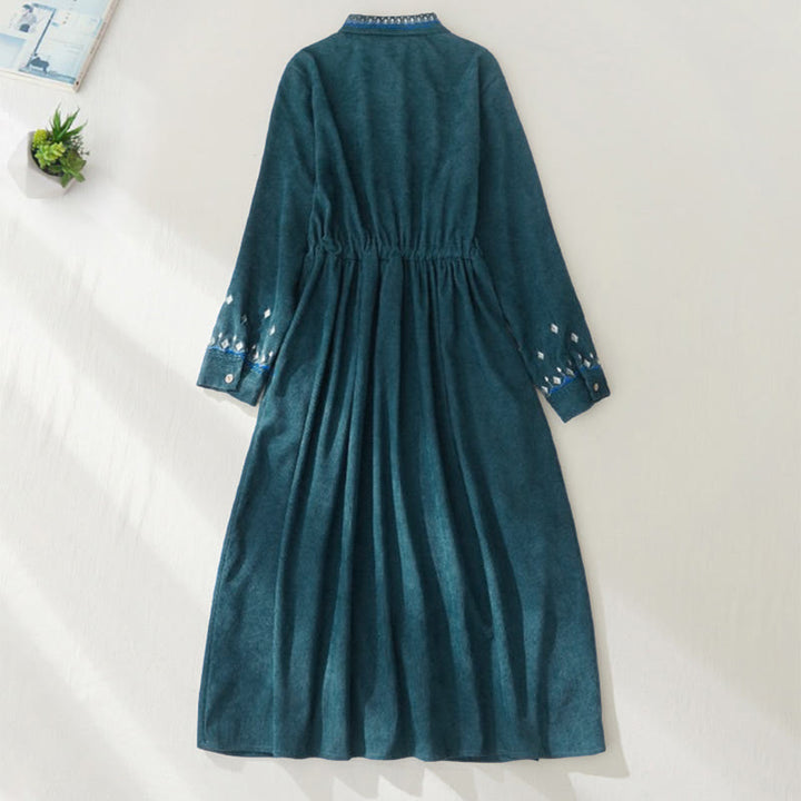 Buddha Stones Embroiderd Floral Pattern Lace-up Design Long Sleeve Midi Dress With Pockets - image 16