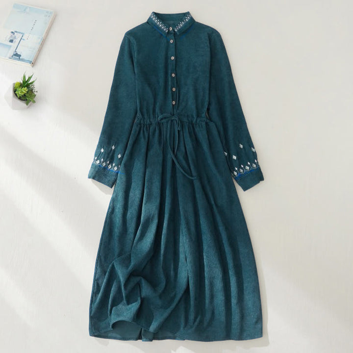 Buddha Stones Embroiderd Floral Pattern Lace-up Design Long Sleeve Midi Dress With Pockets - image 18