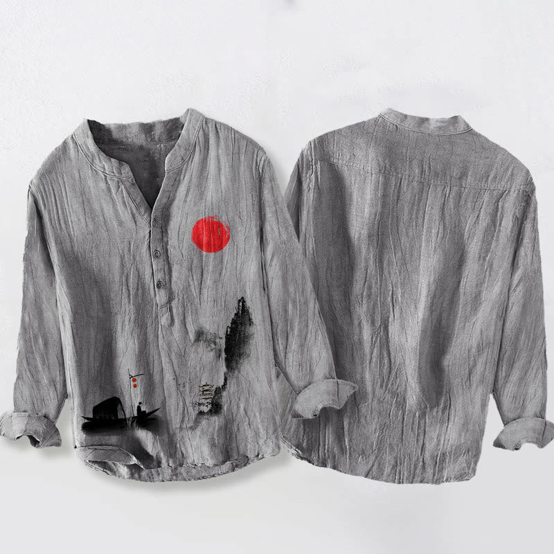Buddha Stones Mountains Fisherman Boat Red Sun Half Buttons Men's Cotton Linen Long Sleeve Shirt - image 5