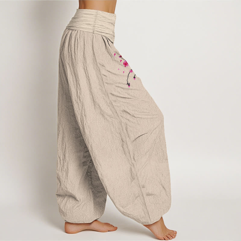 Buddha Stones Dragon Cherry Blossoms Pattern Women's Elastic Waist Harem Cotton Pants - image 7