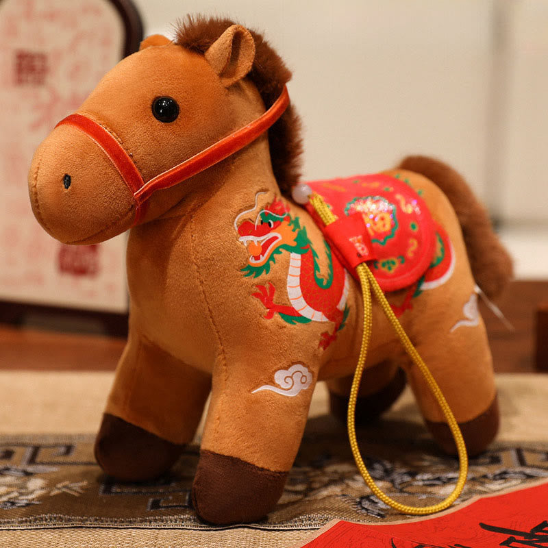 Buddha Stones Year of the Horse Bamboo Dragon Lotus Phoenix Plush Doll Home Decoration - Brown Dragon Horse - 20cm - image 15