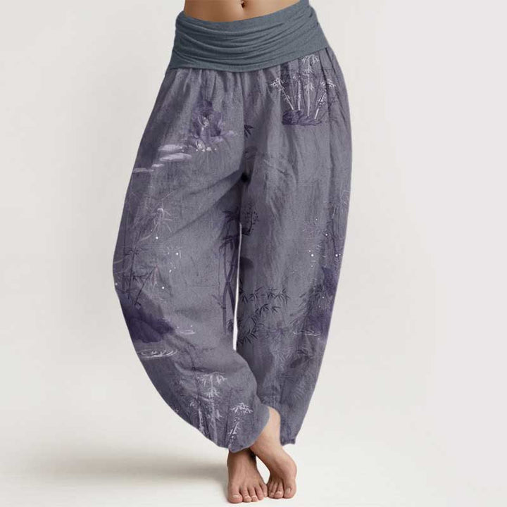 Buddha Stones Pure Cotton Casual Bamboo Rock Ink Painting Women's Elastic Waist Harem Pants - SlateGray - US22，UK/AU26，EU54 (6XL) - image 0