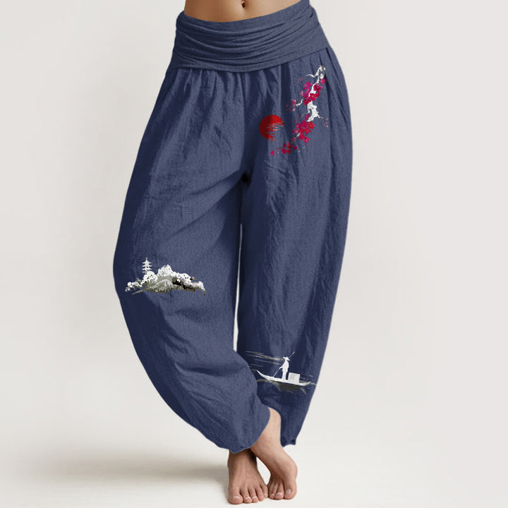 Buddha Stones Plum Blossoms Mountain Fisherman Pattern Pure Cotton Women's Elastic Waist Harem Pants - DarkSlateBlue - US16，UK/AU20，EU48 (3XL) - image 11