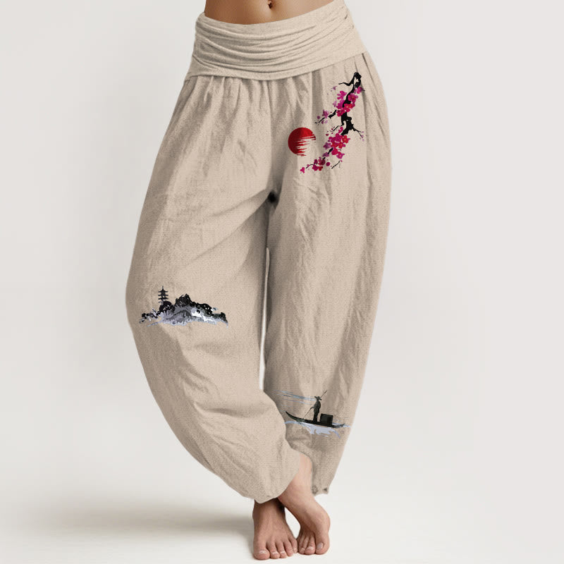 Buddha Stones Plum Blossoms Mountain Fisherman Pattern Pure Cotton Women's Elastic Waist Harem Pants - Tan - US16，UK/AU20，EU48 (3XL) - image 0