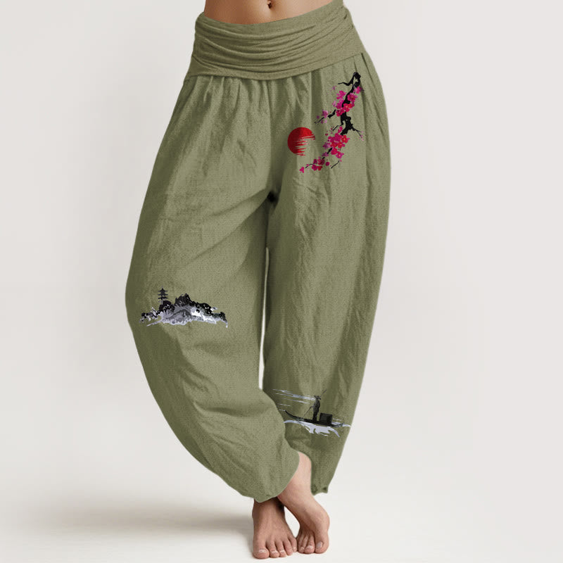Buddha Stones Plum Blossoms Mountain Fisherman Pattern Pure Cotton Women's Elastic Waist Harem Pants - OliveDrab - US16，UK/AU20，EU48 (3XL) - image 5